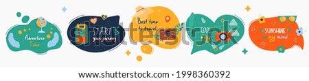 Doodle summer speech bubbles with colorful stickers. Stylized quote and slogan. Perfect for the design of mugs, gifts, textiles, cards, banners, posters, web and more