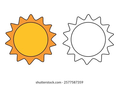 Doodle summer sun coloring pages for kids. Trace and color sun. Summer sun isolated on white background. Summer worksheets for kids activity printable. Cartoon sun clip art vector.