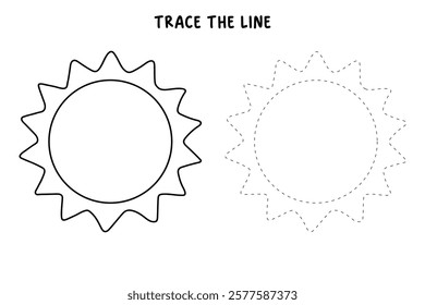 Doodle summer sun coloring pages for kids. Trace and color sun. Summer sun isolated on white background. Summer worksheets for kids activity printable. Cartoon sun clip art vector.