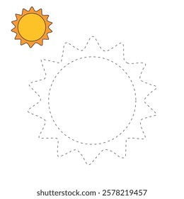 Doodle summer sun coloring pages for kids. Trace and color sun. Summer sun isolated on white background. Summer worksheets for kids activity printable. Cartoon sun clip art vector.