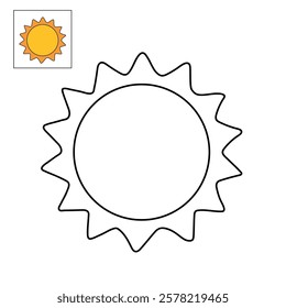 Doodle summer sun coloring pages for kids. Trace and color sun. Summer sun isolated on white background. Summer worksheets for kids activity printable. Cartoon sun clip art vector.