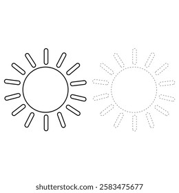 Doodle summer sun coloring pages for kids. Trace and color sun. Summer sun isolated on white background. Summer worksheets for kids activity printable. Cartoon sun clip art vector.