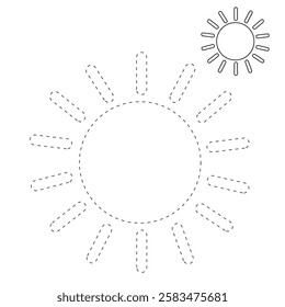 Doodle summer sun coloring pages for kids. Trace and color sun. Summer sun isolated on white background. Summer worksheets for kids activity printable. Cartoon sun clip art vector.