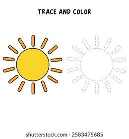 Doodle summer sun coloring pages for kids. Trace and color sun. Summer sun isolated on white background. Summer worksheets for kids activity printable. Cartoon sun clip art vector.