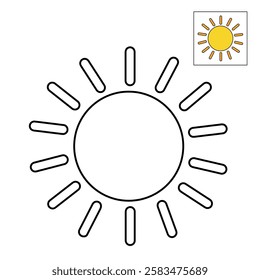 Doodle summer sun coloring pages for kids. Trace and color sun. Summer sun isolated on white background. Summer worksheets for kids activity printable. Cartoon sun clip art vector.