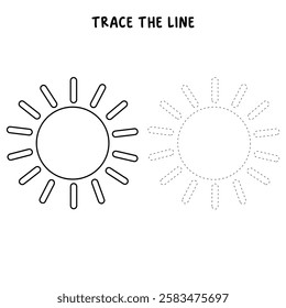 Doodle summer sun coloring pages for kids. Trace and color sun. Summer sun isolated on white background. Summer worksheets for kids activity printable. Cartoon sun clip art vector.