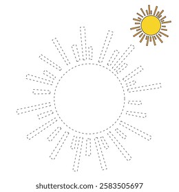 Doodle summer sun coloring pages for kids. Trace and color sun. Summer sun isolated on white background. Summer worksheets for kids activity printable. Cartoon sun clip art vector.
