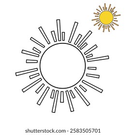 Doodle summer sun coloring pages for kids. Trace and color sun. Summer sun isolated on white background. Summer worksheets for kids activity printable. Cartoon sun clip art vector.