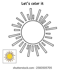 Doodle summer sun coloring pages for kids. Trace and color sun. Summer sun isolated on white background. Summer worksheets for kids activity printable. Cartoon sun clip art vector.