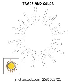 Doodle summer sun coloring pages for kids. Trace and color sun. Summer sun isolated on white background. Summer worksheets for kids activity printable. Cartoon sun clip art vector.