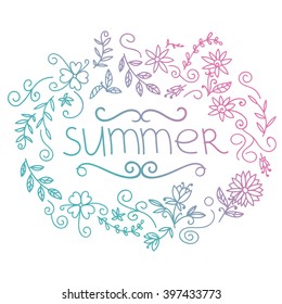 Doodle summer thin line greeting card with round frame, wreath of floral elements, flowers, sun. Summer blue, pink, purple gradient postcard, t-shirt design, poster and print. Vector illustration.