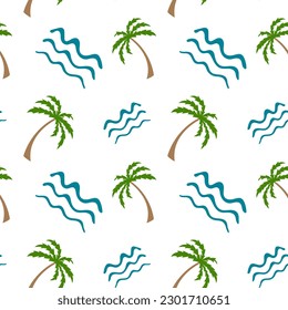 Doodle Summer tropical seamless Pattern. Geometric abstract background with hand Drawn sea waves and Palm trees. Summer vacation concept