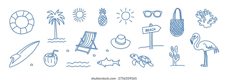 Doodle summer vacation hand-drawn beach vector illustration set. Naive coastal elements: palm tree, waves, surfboards, turtle, and sun are perfect for summer designs, posters, t-shirts, or placard prints. 