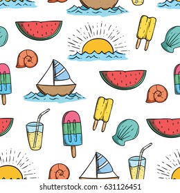 doodle summer vacation icons seamless pattern