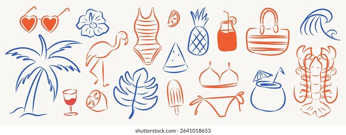 Doodle summer vacation illustration set. Beach and sea travel elements. Hand drawn palm tree, fruit, lobster, seafood, shell, bikini, cocktail. Coastal collection for card, prints, wedding invitation.