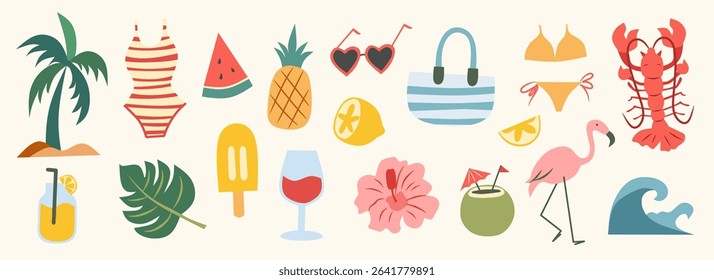 Doodle summer vacation illustration set. Beach and sea travel flat elements. Hand drawn palm tree, lemon, lobster, seafood, wine, bikini, cocktail. Coastal collection for card, prints, poster, banner.