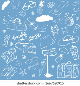 Doodle summer vacation objects on blue background.