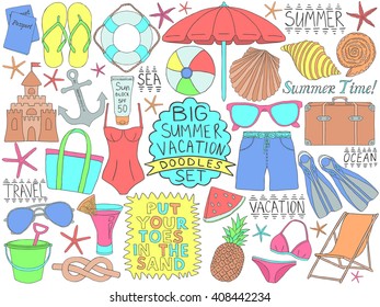 Doodle summer vacation set. Summer dooles. Travel doodles. Ocean and sea trip doodles. Set of summer time tourism sketches. Pencil effect travel doodles. Set of summer doodles. Tropical resort items.
