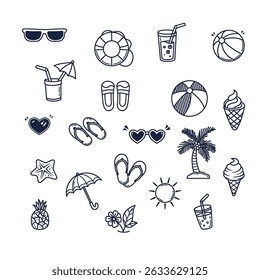 Doodle Summer Vacation Simple Outline Illustration set