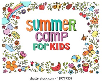 Doodle Summer Vector Illustration  With Text Flowers Things For Kids Camp