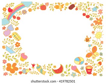 doodle summer vector illustration  with text flowers things for kids camp