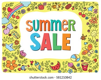 doodle summer vector illustration with text flowers things for summer sale