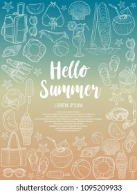 doodle summer vector, line art drawing object, poster design