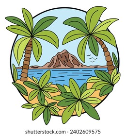Doodle summer view. Summer scenery outline in circle. Palm trees, mountain and tropical plants. Hand drawn vector art.