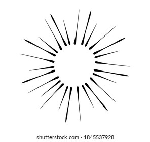 Doodle sun burst in vintage style on white background. Black vector hand drawn sketch illustration. Sun, starburst, sparkle, sunburst set. Line sparkle explosion. Marker handdrawn line. Retro spark