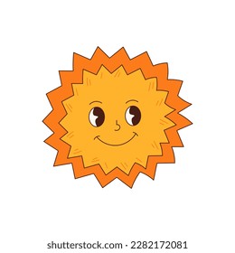Doodle sun character. Hand drawn sun geometric face with eyes and smile. Isolated vector illustration for kids, poster, card