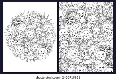 Doodle sun characters coloring pages set. Black and white templates with cute weather characters. Outline background. Vector illustration