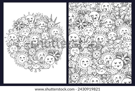 Doodle sun characters coloring pages set. Black and white templates with cute weather characters. Outline background. Vector illustration