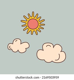 Doodle sun and cloud icon in retro style. Isolated vector symbol groovy sun and cloud for stickers, posters and cards design.