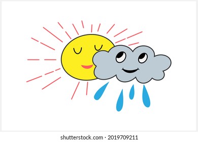 Doodle sun and cloud with rain clipart isolated on white. Hand drawn art line. Sketch vector stock illustration. EPS 10