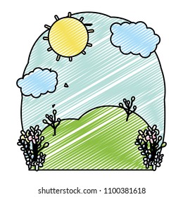 doodle sun and clouds weather with flowers plants landscape