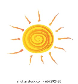 Doodle sun drawing. Hand drawn brush painted sun symbol, icon, logo in yellow and orange colors. Funny summer background for season printing. Vector illustration.