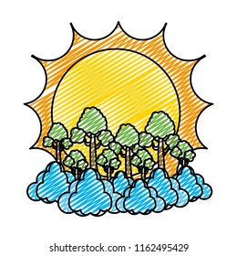 doodle sun with exotic trees and clouds landscape