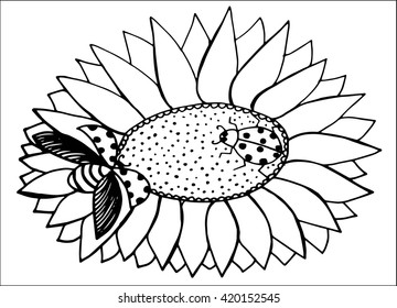 Doodle sun flower and beetle in black and white. Can use in coloring book for adult.hand drawing