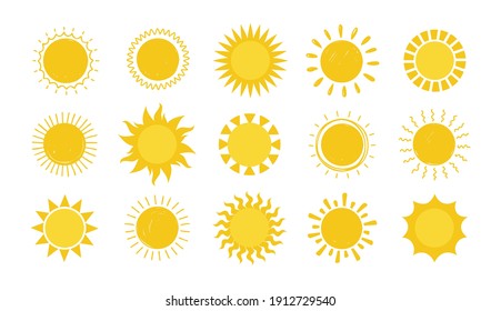 Doodle Sun. Hand drawn simple graphic circle solar elements collection, sunshine round symbols. Yellow silhouette for design and logo, vector sunny weather symbol isolated on white background set