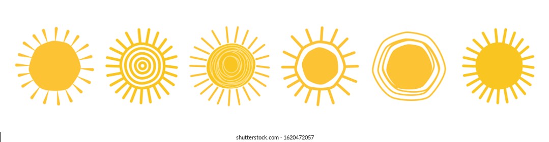 Doodle sun icons. Hot weather suns collection vector illustration, summer scribbled sun doodles with sunlight sketch drawings, hand drawn sunshine objects