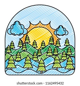 doodle sun with pines trees and mountains landscape