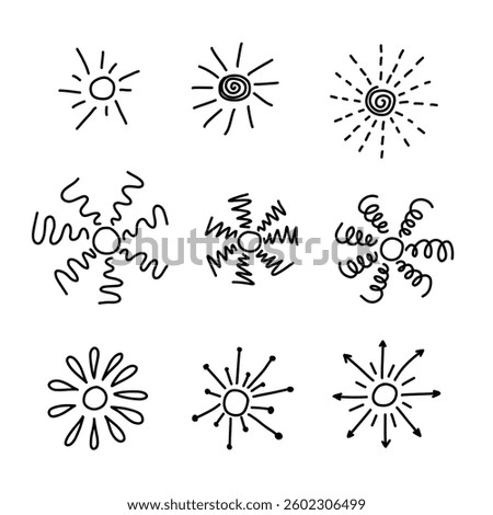 Doodle Sun, set of hand drawn black Icons isolated on white background. Swirl and twirl lines, dotted and wavy sun rays, zigzag, arrow rays, splash and fireworks. Simple scribble sun for decoration