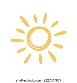 Doodle sun sketch illustration. Hand drawn cute orange sunshine. Scribble doodle children drawn style. Vector illustration