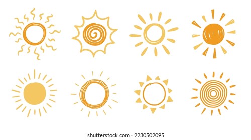 Doodle sun sketch illustration. Hand drawn cute yellow, orange sun set. Scribble doodle children drawn style. Vector illustration