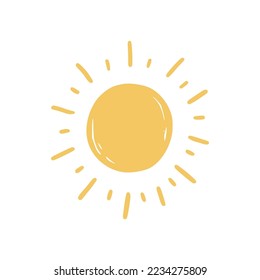 Doodle sun sketch illustration. Hand drawn cute orange sunshine. Scribble doodle children drawn style. Vector illustration