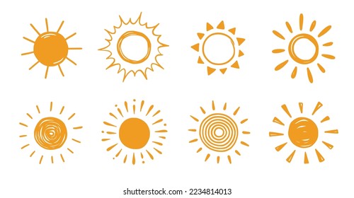 Doodle sun sketch illustration. Hand drawn cute orange sun set. Scribble doodle children drawn style. Vector illustration