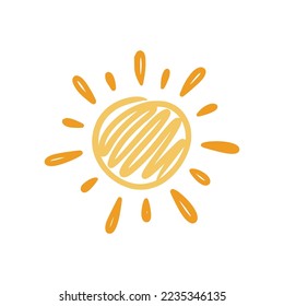 Doodle sun sketch illustration. Hand drawn cute orange sunshine. Scribble doodle children drawn style. Vector illustration