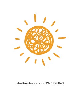 Doodle sun sketch illustration. Hand drawn cute orange sunshine. Scribble doodle children drawn style. Vector illustration