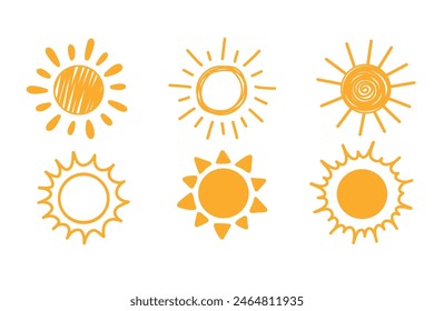 Doodle sun sketch illustration. Hand drawn cute yellow, orange sun set. Scribble doodle children drawn style. Vector illustration