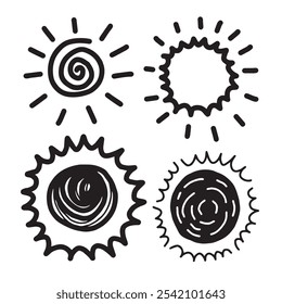Doodle sun sketch illustration. Scribble doodle children drawn style.